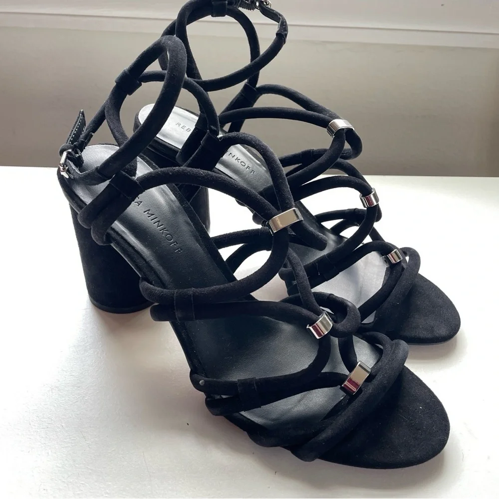 REBECCA MINKOFF sz 8.5 Apolline Suede Strappy Sandals black leather silver